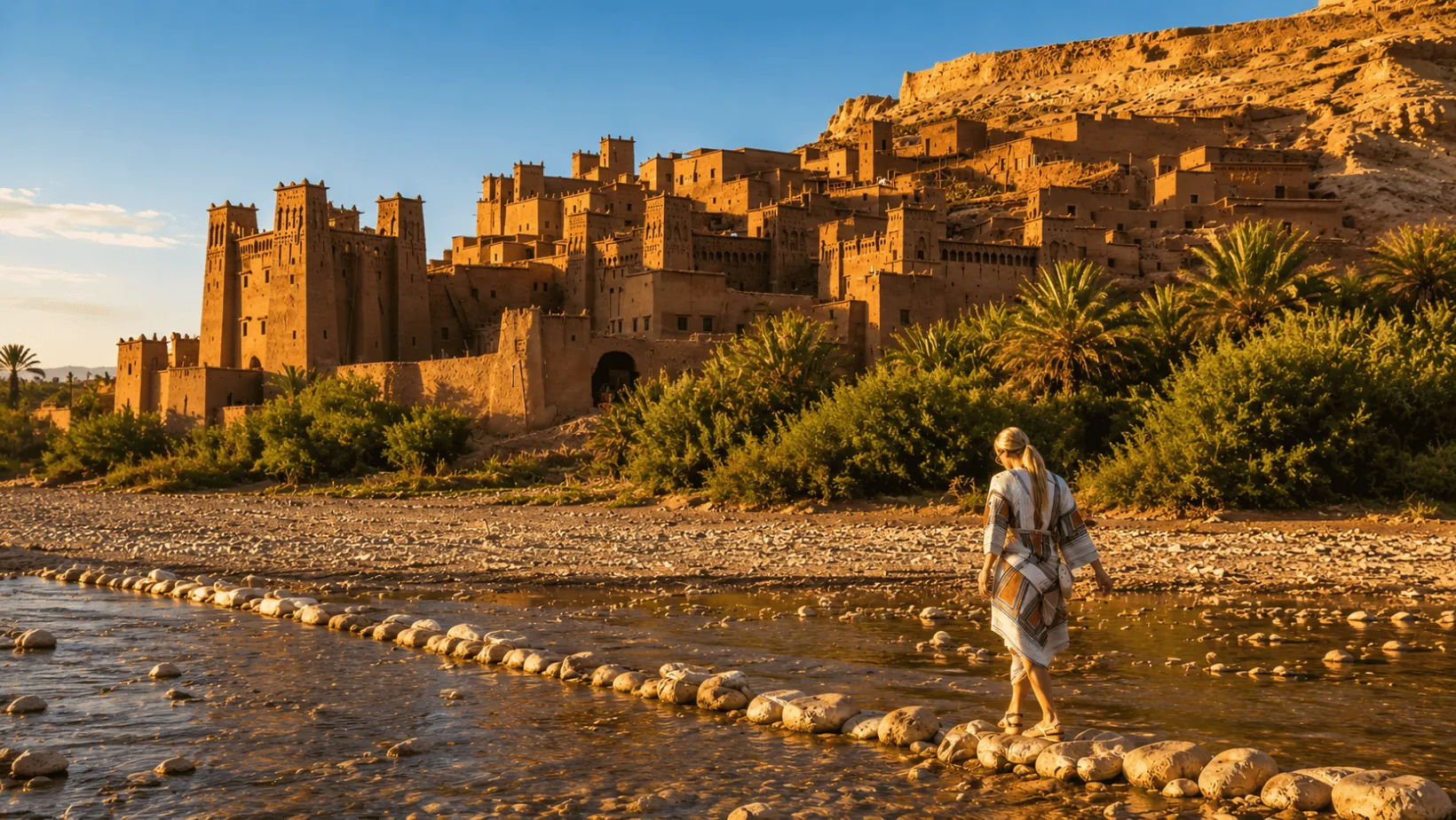 The Kasbah of Ait Ben Haddou at sunset, with the river and its palm groves in the foreground